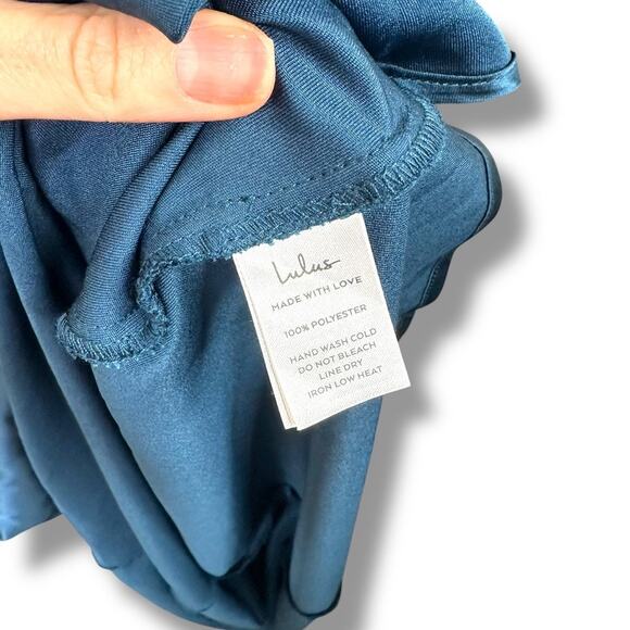 Lulus NWT Captivating Presence Dark Teal Satin Cowl Back Maxi Dress Medium - Picture 10 of 10